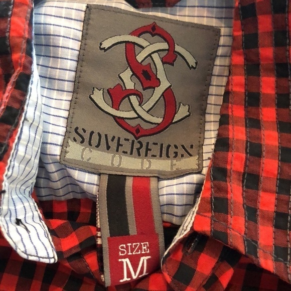 Men’s Sovereign CODE  Black and Red Gingham Top Stitching Detailing Button Down - Picture 11 of 13